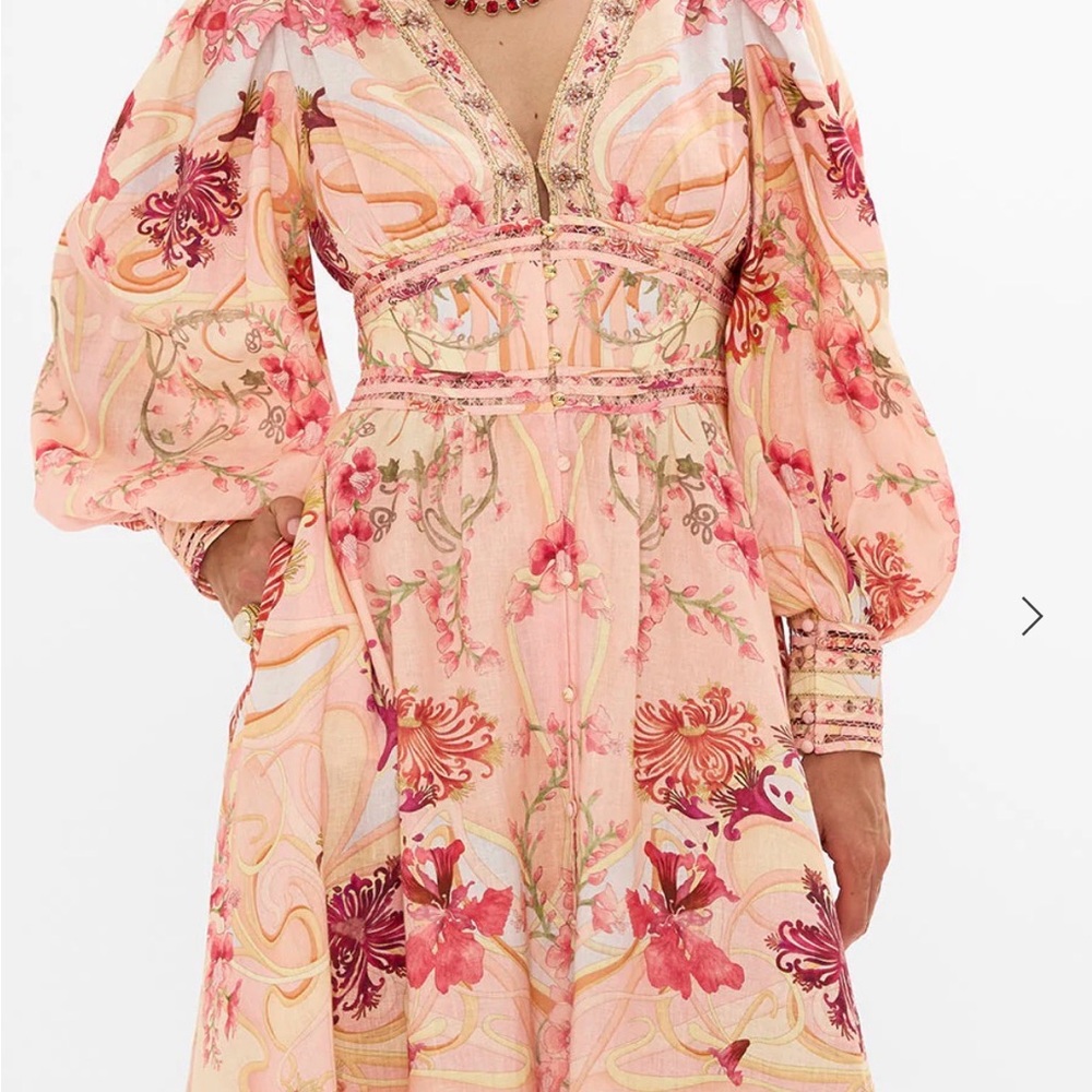 Camilla Shaped Waistband Dress W Gathered Sleeves Blossoms And Brushstrokes NWT - Picture 8 of 16